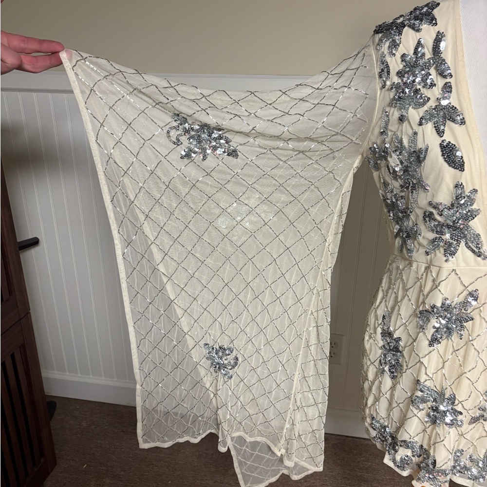 Cream and Silver Sequin Beaded Romper - Picture 2 of 6